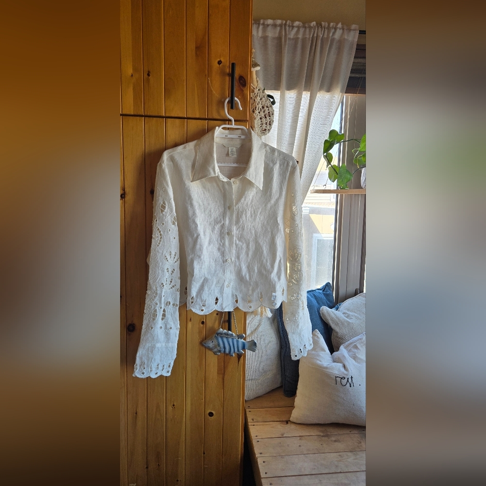 White Embroidered Button-Up Blouse